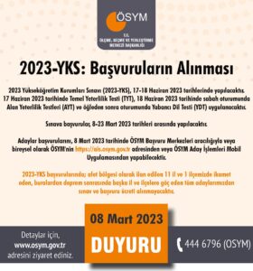 Yükseköğretim Kurumları Sınavı(YKS) 17-18 Haziran 2023’te yapılacak.
