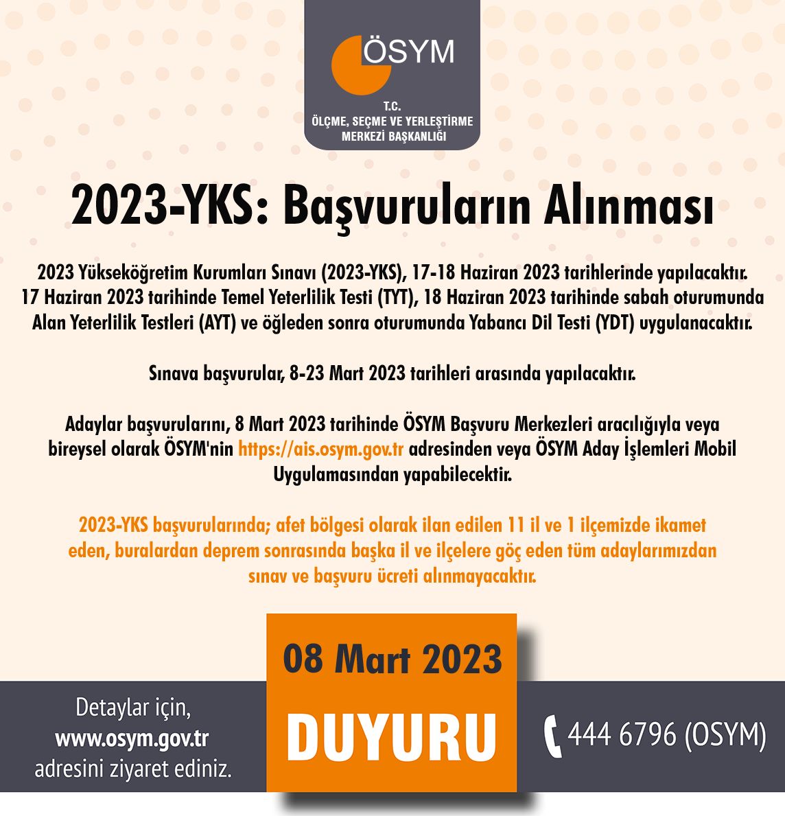 Yükseköğretim Kurumları Sınavı(YKS) 17-18 Haziran 2023’te yapılacak.